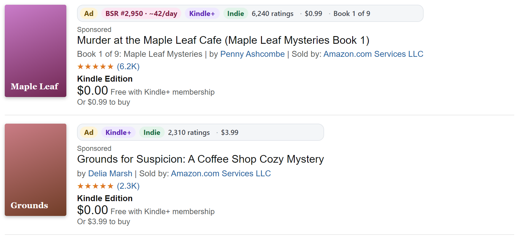 Kindle Store results with a TomeLens badge on each one: Ad or organic rank, the Best Sellers Rank and estimated sales of a book opened before, Kindle+, Indie, exact ratings, the price to buy and the series.
